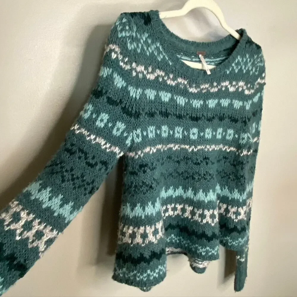 Women's Free People Through the Storm Wool Blend Fair Isle Sweater Green XS - Picture 7 of 11
